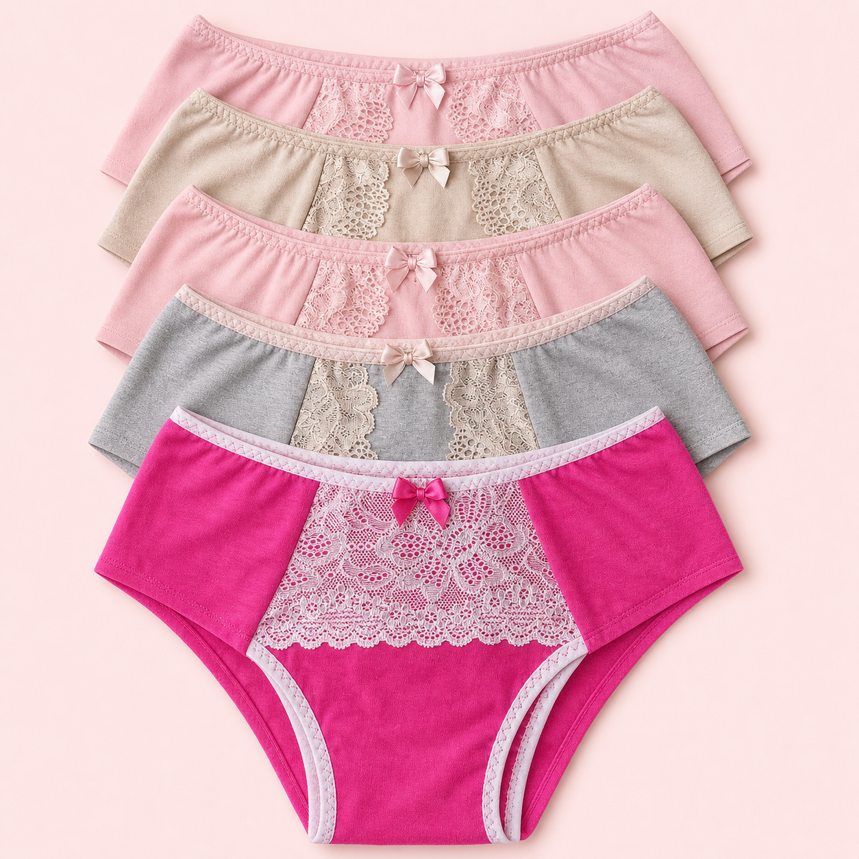Kit com cinco calcinhas femininas de algodão e renda