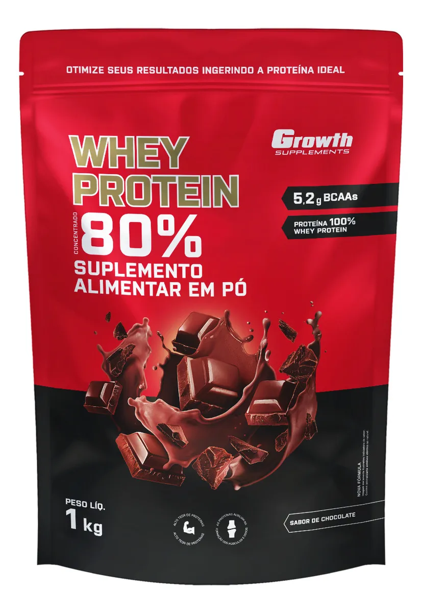 Embalagem de Whey Protein Concentrado Growth sabor chocolate de 1 kg